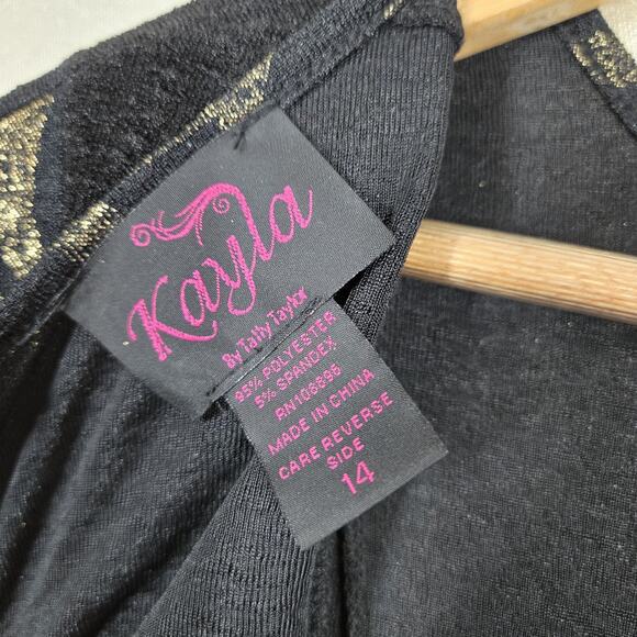 Kayla by Tally Taylor Sheath Midi Dress sz 14 Black Metallic Gold Stretch Fitted - Picture 10 of 16